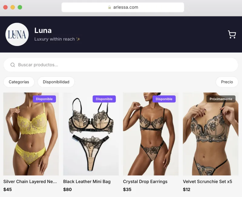 Catálogo de ejemplo en Arlessa: Luna, una tienda de lencería de lujo