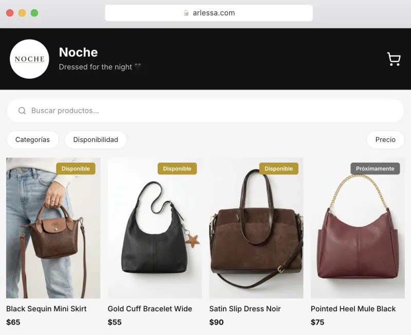 Catálogo de ejemplo en Arlessa: Noche, una tienda de moda de noche