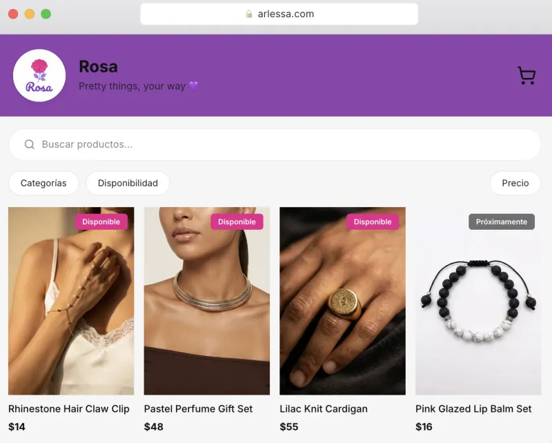 Catálogo de ejemplo en Arlessa: Rosa, una tienda de joyería y accesorios